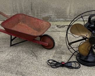 Vintage child’s wheelbarrow, vintage GE fan