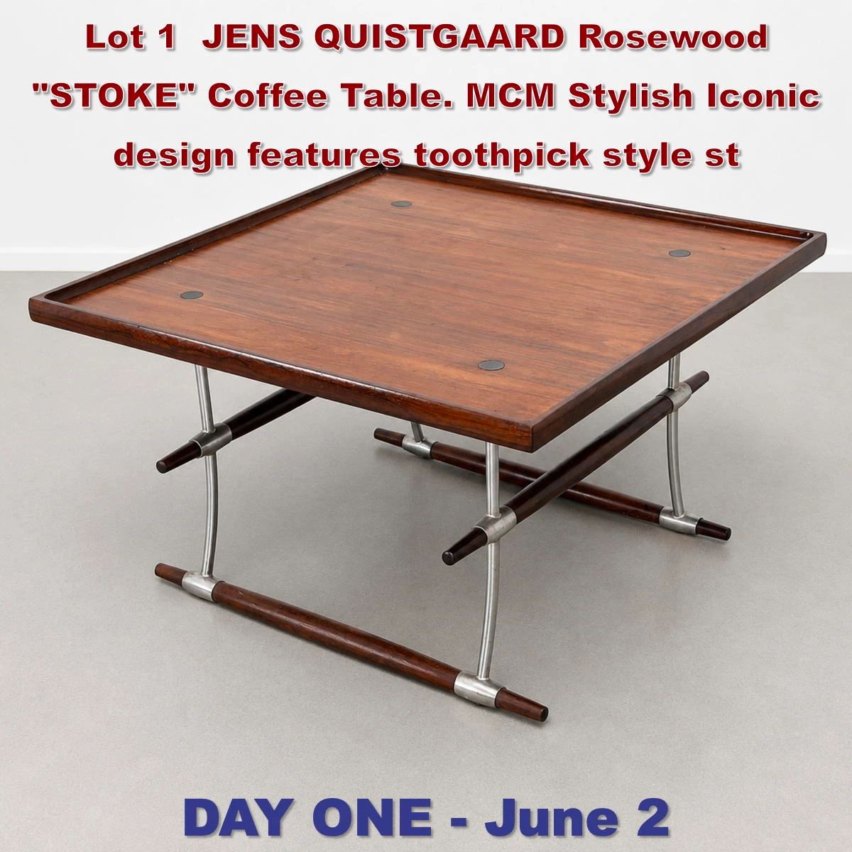 Lot 1 JENS QUISTGAARD Rosewood STOKE Coffee Table. MCM Stylish Iconic design features toothpick style st