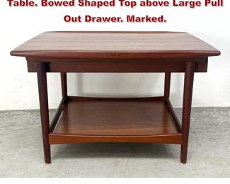 Lot 129 MOREDDI Danish Modern Teak Side Table. Bowed Shaped Top above Large Pull Out Drawer. Marked. 