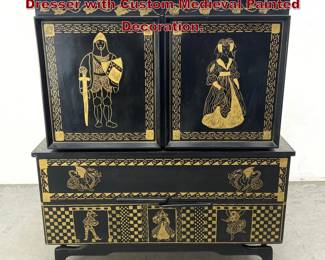 Lot 252 Mid Century Modern Tall Chest Dresser with Custom Medieval Painted Decoration. 