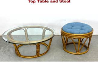 Lot 346 2pcs Rattan Furniture. Rattan Glass Top Table and Stool