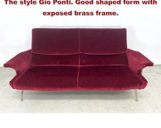 Lot 510 Designer Italian Brass Frame Sofa in The style Gio Ponti. Good shaped form with exposed brass frame.