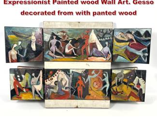 Lot 34 Mid Century Modern German Expressionist Painted wood Wall Art. Gesso decorated from with panted wood