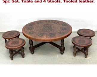 Lot 490 Angel Pazmino for Muebles de Estilo, 5pc Set. Table and 4 Stools. Tooled leather. 