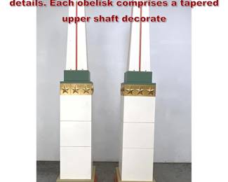 Lot 21 Pair Decorator Tall Obelisks. Painted details. Each obelisk comprises a tapered upper shaft decorate