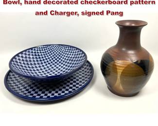 Lot 58 3pcs Pottery Large Studio Pottery Bowl, hand decorated checkerboard pattern and Charger, signed Pang