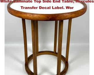 Lot 106 50s Vintage Mid Century Walnut White Laminate Top Side End Table, Hercules Transfer Decal Label. Wor
