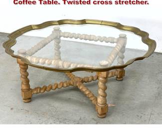 Lot 369 Baker Style Glass and Brass Top Coffee Table. Twisted cross stretcher.