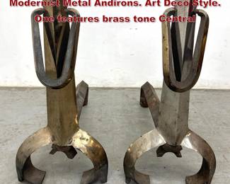 Lot 70 Pr Heavy Vintage Two Tone Modernist Metal Andirons. Art Deco Style. One features brass tone Central 