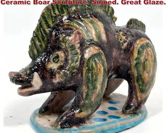Lot 48 Italian Guido Gambone Glazed Ceramic Boar Sculpture. Signed. Great Glaze. 