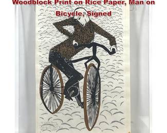 Lot 22 Larson 1960 Lucite Framed Japanese Woodblock Print on Rice Paper, Man on Bicycle, Signed