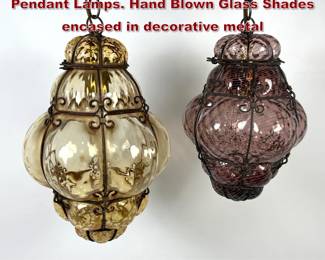 Lot 287 2pc Murano Italian Glass Hanging Pendant Lamps. Hand Blown Glass Shades encased in decorative metal 