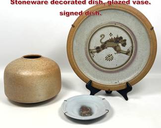 Lot 55 3pcs Art Pottery. Bernard Leach style Stoneware decorated dish, glazed vase. signed dish.