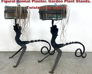 Lot 68 Pair of antique Forged Iron Fantasy Figural Animal Planter. Garden Plant Stands. Twisted Iron with C