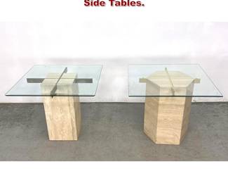 Lot 518 2pcs Artedi Travertine and Glass Side Tables. 