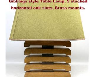 Lot 290 Mid Century Modern Robsjohn Gibbings style Table Lamp. 5 stacked horizontal oak slats. Brass mounts.