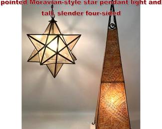 Lot 334 2pcs Decorative Lamps. Multipointed Moravianstyle star pendant light and tall, slender foursided 