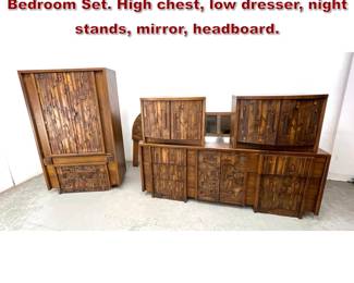 Lot 559 Lane Furniture Pueblo series Bedroom Set. High chest, low dresser, night stands, mirror, headboard. 