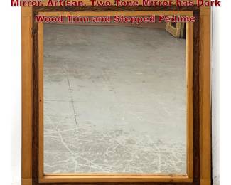 Lot 410 Pine Southwestern Framed Wall Mirror. Artisan. Two Tone Mirror has Dark Wood Trim and Stepped Pedime