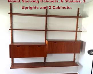 Lot 428 Danish Modern Teak Modular Wall Mount Shelving Cabinets. 6 Shelves, 3 Uprights and 2 Cabinets. 