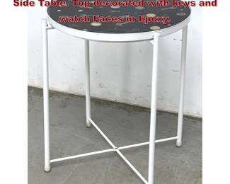Lot 335 Contemporary Round Drink Stand Side Table. Top decorated with keys and watch Faces in Epoxy. 