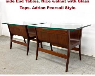 Lot 330 Pair Mid Century Modern Sculpted side End Tables. Nice walnut with Glass Tops. Adrian Pearsall Style