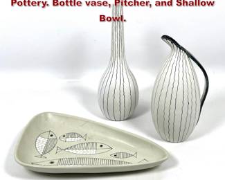 Lot 57 3pcs Mid Century Modern Italian Pottery. Bottle vase, Pitcher, and Shallow Bowl. 