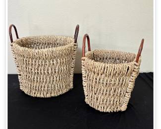 Lot # B35 - Natural Woven Seagrass Wicker Baskets with Wood Handles - Rustic Storage Decor