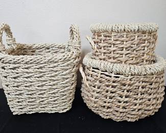 Lot # B12 - Natural Woven Seagrass Storage Baskets with Handles - Rustic Handcrafted Home Decor