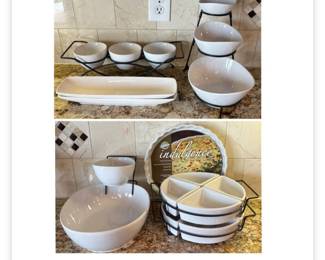 Lot # B49 - Gibson 2-Tier Chip n Dip, 3-Tier Bowl Server, 3-Bowl Server, 4-Section Serving Trays, Rectangular Trays & Quiche Pan