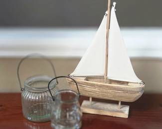 Lot # B150 - Rustic Wooden Sailboat Decor with Glass Lantern Candle Holders Coastal Home Accent