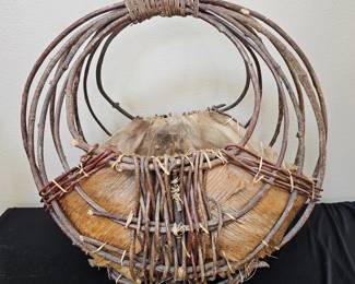 Lot # B9 - Handcrafted Native American Style Rustic Woven Basket with Natural Wood and Leather