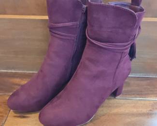 Lot # B111 - Journee Collection Zuri Ankle Wrap Block Heel Booties in a Wine Red Faux Suede, Size 7.5