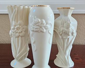 Lot # B86 - Lenox Ivory Porcelain Vases with Gold Trim and Embossed Floral Design