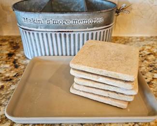 Lot # B89 - Mudpie Makin' S'more Memories Galvanized Metal Organizer Basket with Stone Coasters & Pampered Chef Stoneware Pan