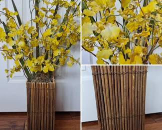 Lot # B130 - Nearly Natural Yellow Dancing Lady Silk Orchid Arrangement in Decorative Bamboo Pot