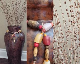 Lot # B3 - Vintage Decorative Ceramic Floor Vase with Beaded Neck Accent and Dried Floral Stems