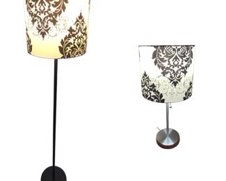 Lot # B215 - Modern Black and White Floor and Table Lamps with Damask Pattern Shades