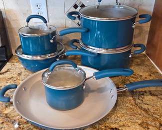 Lot # B76 - Rachael Ray Blue Ceramic Nonstick Cookware Set with Glass Lids - Pots and Pans