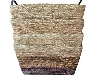 Lot # B115 - Four Stylish Woven Baskets with Durable Brown Leather Handles and Fabric Lining for Home Storage