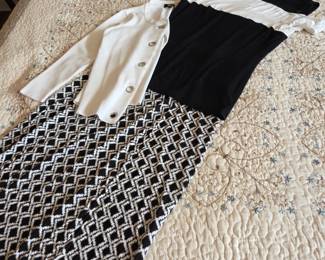 Lot # B138 - Black White Geometric Print Skirt With Color Block Top & White Cardigan, Women's Size S-M