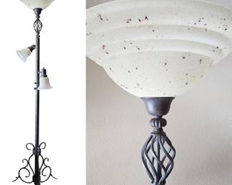 Lot # B16 - Iconic Design Bronze Finish Torchiere Floor Lamp with Adjustable Side Lamps and Swirled Glass Shades