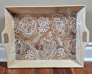 Lot # B29 - World Market Handcrafted Mango Wood Serving Tray with Intricate White Floral Henna Design and Carved Handles