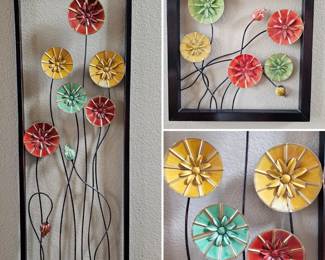 Lot # B28 - Pair of Handcrafted Metal Wall Art with Colorful Flower Designs in Black Frames