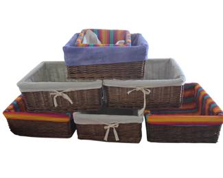 Lot # B159 - Vintage Wicker Storage Baskets with Colorful and Neutral Liners - Rustic Home Organization