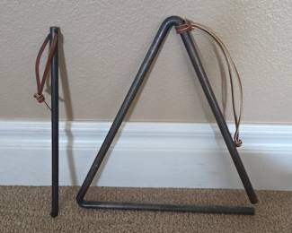 Lot # B156 - Vintage Steel Triangle Bell with Leather Strap and Steel Striker - Rustic Musical Percussion Instrument