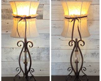 Lot # B144 - Set of 2 Rustic Metal Table Lamps with Fabric Shades and Decorative Bow Accents