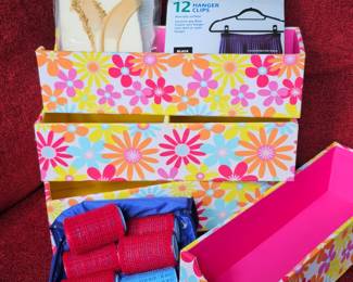 Lot # B117 - Real Simple Hanger Clips, Latex Cosmetic Wedges & Velcro Hair Rollers with Floral Pattern Storage Organizers