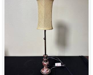 Lot # B32 - Rustic Red and Brown Wood Table Lamp with Beige Burlap Shade and Pull Chain