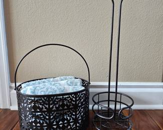 Lot # B88 - Decorative Metal Basket with Towels Plus Toilet Roll Holder Set for Bathroom Organization